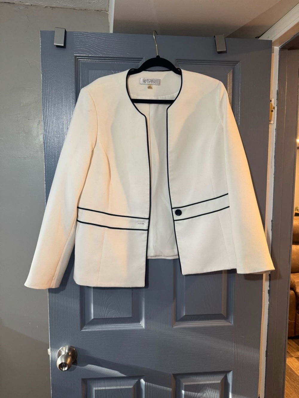 Kasper Cream Collarless Jacket with Black Trim